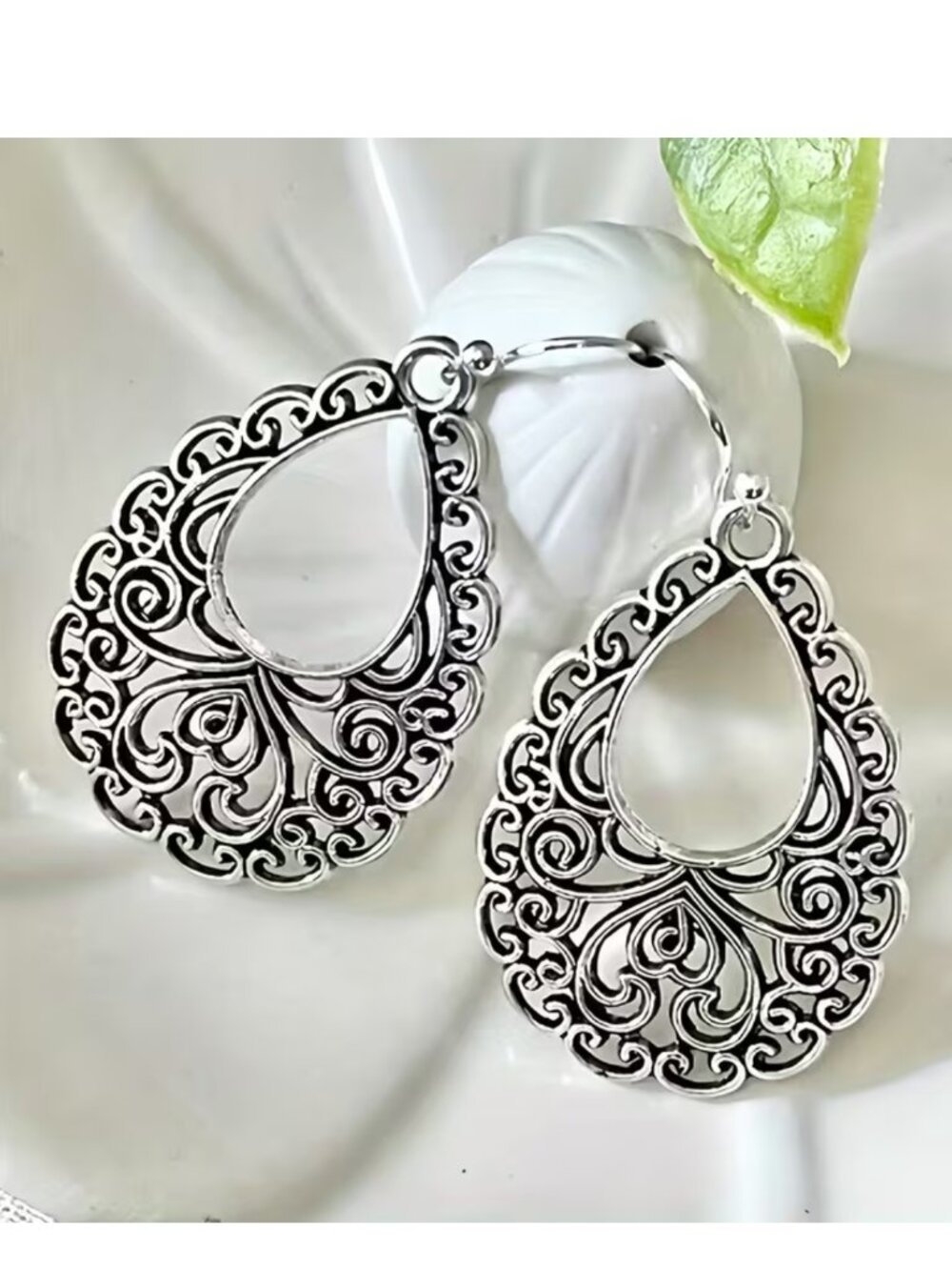 Boho Blossom Waterdrop Earrings – Hollow Silvery Vintage Floral Statement Drops